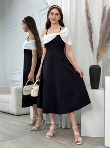 少女色块蝴蝶结前开衩吊带连衣裙