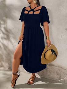 SHEIN Holidaya Women's Plus Size Elegant Solid Color Hollow Hem Slit Dress - Navy Blue - View 1