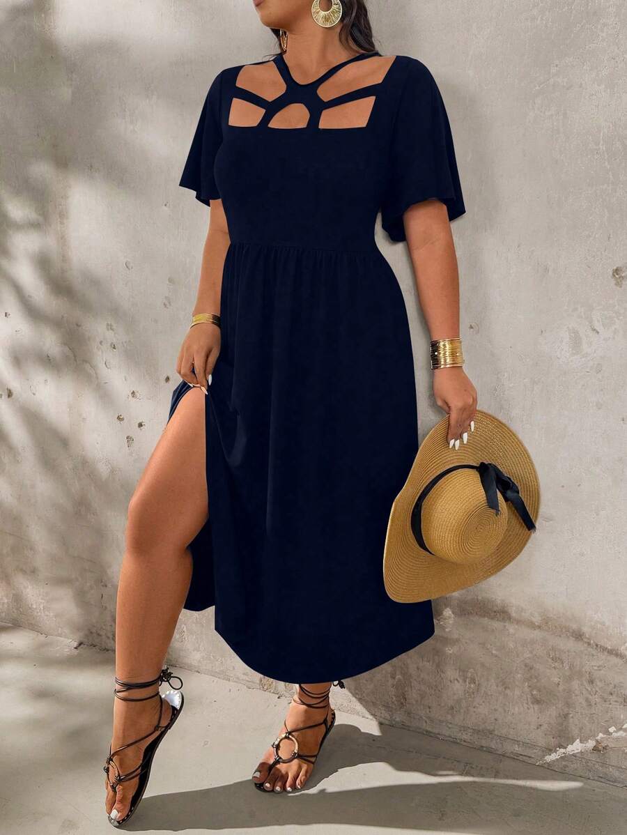 SHEIN Holidaya Women's Plus Size Elegant Solid Color Hollow Hem Slit Dress - Navy Blue - View 1