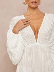 Lumalex 1 pieza Vestido largo de mujer con cuello en V profundo, mangas anchas plisadas, falso diseño de 2 piezas, volantes en el bajo y silueta ceñida