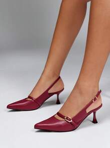 SHUZIA 百搭女士中跟扣带尖头酒红色露跟舒适时尚凉鞋 - 酒紅色 - 查看 2
