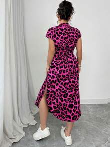 Elenzga Vestido casual de club para mujer talla grande de diseño elegante con estampado de leopardo, cuello, mangas raglán, cinturón, lazo, botones de madera delanteros. Diseño a la moda, para primavera/verano - Multicolor - Ver 2