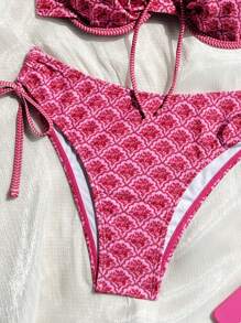 Swim Vcay Nouveau bikini 2 pièces à fleurs dispersées avec côtés noués et coupe haute. Sexy et adapté pour les vacances - Rose bonbon - Voir 3