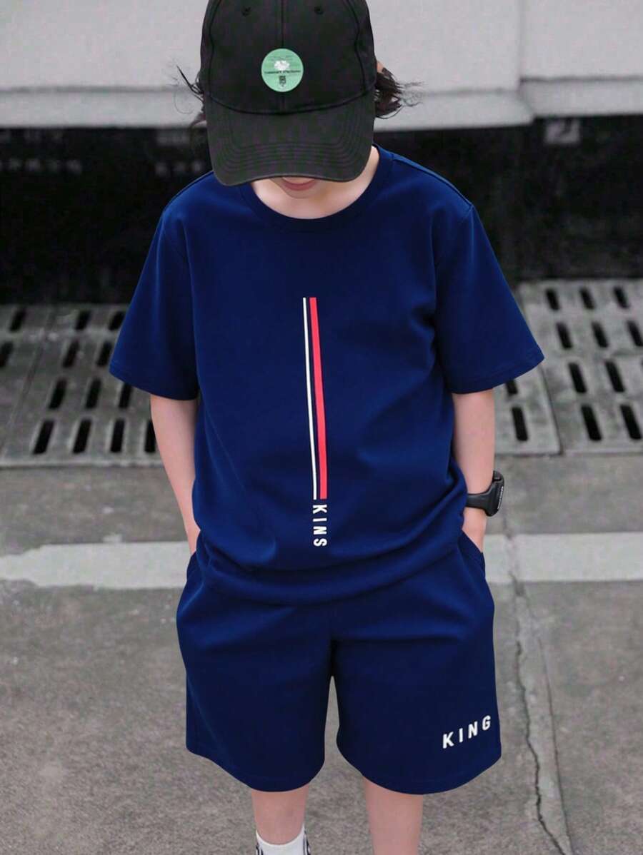 青少年男孩休闲时尚条纹大号印花圆领短袖短裤两件套，适合夏季 - 黑與白 - 查看 1