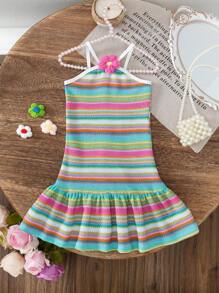 SHEIN Young Girl Summer Korean Style Cute Tie Shoulder Rainbow Striped Backless Dress, Sweet & Fashionable For Vacation