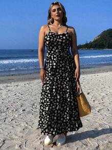 SHEIN EZwear Váy Maxi Chữ A In Hoa Cúc Họa Tiết Hoa Cúc Đơn Giản, Đa Năng, Thoải Mái, Dịu Dàng, Mùa Hè, Dây Đeo Spaghetti, Hở Lưng, Cạp Cao, Thích Hợp Đi Chơi, Mùa Xuân/Hè - Nhiều màu - Xem 4