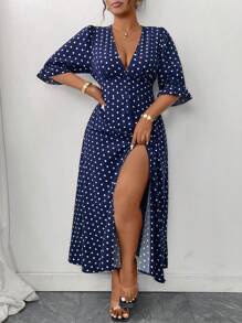 Elenzga Plus Size Women Polka Dot Print Deep V Neck 3/4 Sleeve Slit Hem Elegant Midi Dress
