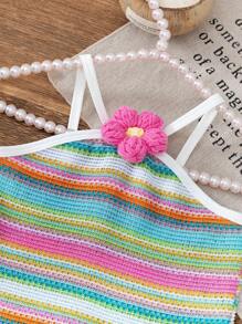 SHEIN Young Girl Summer Korean Style Cute Tie Shoulder Rainbow Striped Backless Dress, Sweet & Fashionable For Vacation