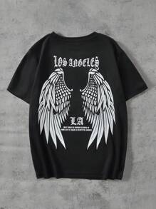 SHEIN Explorewe 男童时尚街头天使翅膀印花圆领休闲短袖 T 恤 - 黑色 - 查看 1