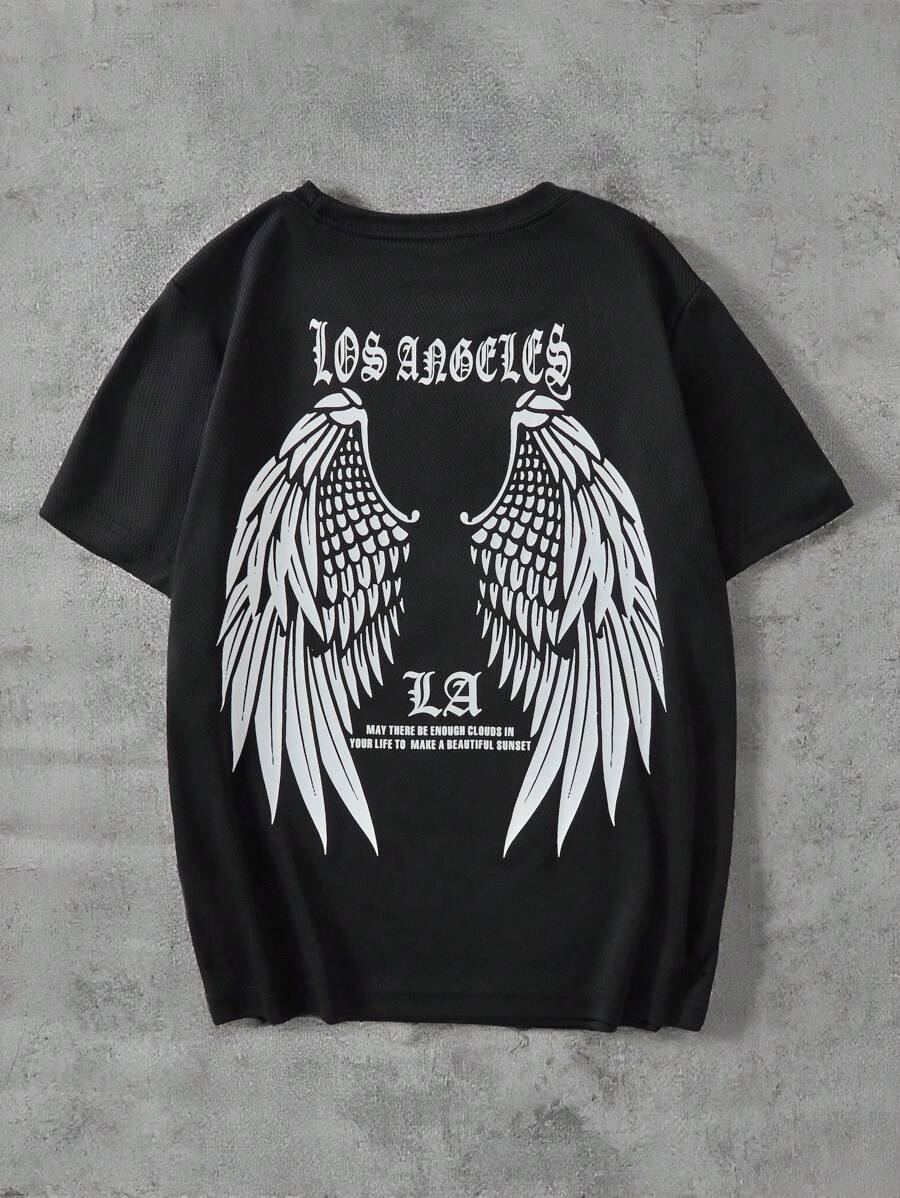 SHEIN Explorewe 男童时尚街头天使翅膀印花圆领休闲短袖 T 恤 - 黑色 - 查看 1