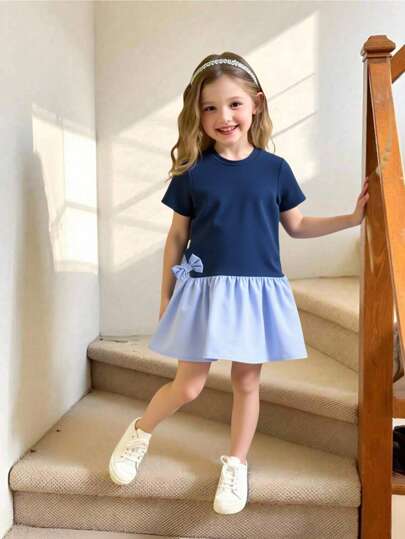 Colorblock Round Neck Short Sleeve Bow Decor Cute Young Girl Dress