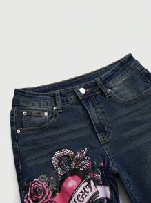 ROMWE Grunge Punk Plus Size Women Y2K Vintage Style Skull & Heart Graphic Embroidered Letter Elastic Flare Leg Jeans, Summer - Blue - View 3