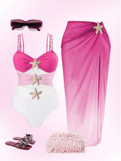 Swim Oasis Conjunto de 2 piezas de traje de baño de una sola pieza talla grande y falda, decoración con estrella de mar metálica multicolor, diseño minimalista, outfit de verano para vacaciones en la playa, Ibiza, para mujeres