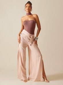 Hauture Summer Vacation Knitted Mock Neck Bandeau Bodysuit - Red - View 3