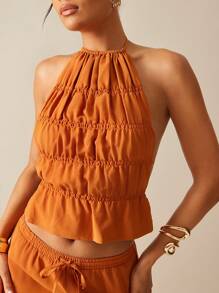 Hauture Summer Vacation Boho Solid Linen Shirred Halter Backless Top - Khaki - View 2