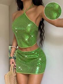 SHEIN EZwear Women's Summer Green Holiday Sequin Halter Top And Mini Skirt Set - Green - View 5