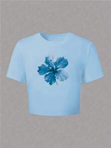 Tween Girl Floral Print Summer Casual Round Neck Short Sleeve T-Shirt