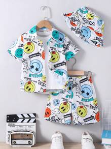 Set de 3 piezas para niños pequeños que consta de camisa de manga corta con diseño de conejo casual, pantalones cortos y sombrero de cubo. Adecuado para ropa infantil, ropa de niños pequeños, apto para uso diario, ir a la escuela, estar en casa, uso diario, usar en la escuela, viajes, deportes, y apropiado para las temporadas de primavera y verano.