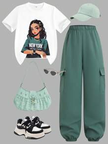 SHEIN Ensemble 2 pièces pour adolescentes, t-shirt décontracté à manches courtes et col rond avec imprimé graphique et pantalon cargo ample à poches, à la mode, pour le quotidien et l'extérieur, vert