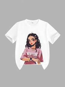 SHEIN Sparklyn 2 件青少年女孩休闲图案印花圆领短袖 T 恤和宽松工装裤套装，时尚日常穿着，军绿色 - 粉色 - 查看 3