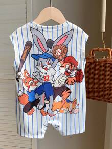 Bubblio 新生儿男童可爱卡通图案条纹短袖夏季连体衣 - 彩色 - 查看 3