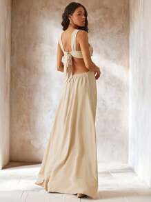 Hauture Váy suông không tay thắt nút rỗng màu trơn đơn sắc đi nghỉ thường ngày, mùa hè - Màu be - Xem 5