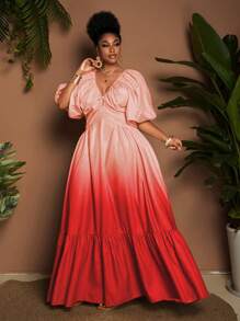 Maweii Đầm xòe cổ chữ V sâu tay ngắn viền bèo thanh lịch cho nữ cỡ lớn - Nhiều màu - Xem 3