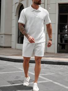 Manfinity Homme Conjunto de camisa polo casual e shorts masculino plus size de cor sólida - Branco - Ver 5