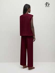 BizChic 2025 安哥拉红宽肩双唇口袋设计前扣开合女士背心套装，浪漫优雅日常时尚商务休闲通勤别致复古风格女士休闲套装，秋冬女士办公室穿着 - 酒紅色 - 查看 5