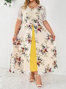 SHEIN CURVE+ فستان ماكسي قصير الأكمام طباعة وردية واسع الحجم للمرأة، مناسب للحفلات والزفاف والعطلات على الشاطئ، وارتداء الخريجين وحفلات الشاي، صيفي، ريفي، عطلة على الشاطئ