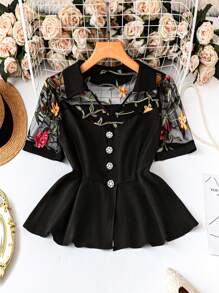 SHEIN Unity Große Größen Damen Frühling/Sommer Bestseller Lässiger Pendler Chic Urbaner Femininer Stil Einzigartige Klassische Spitze & Bedruckter Puffärmel Basic Französisch Retro Sexy T-Shirt - Verschiedenfarbig - Übersicht 4