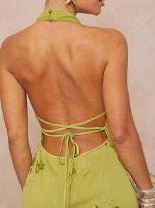 Lumalex 女式亮片刺绣立领露背系带修身连衣裙 - 綠色 - 查看 7