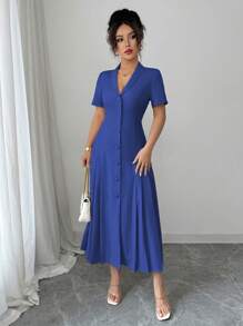Elenzga 女士优雅法式立领纽扣 A 字中长连衣裙，纯色正式办公室休闲通勤长袖连衣裙，春夏 - 寶藍色 - 查看 7