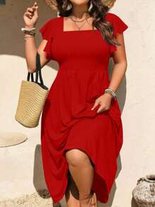 SHEIN LUNE Women's Waisted A-Line Cap Sleeve Vacation Dress