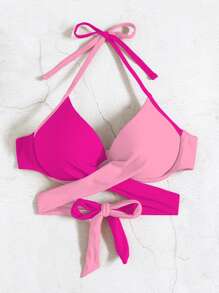 SHEIN Swim Áo bikini màu hồng thời trang quấn chéo màu tương phản, nâng ngực kèm vòng thép cho kỳ nghỉ hè trên bãi biển - Nhiều màu - Xem 4