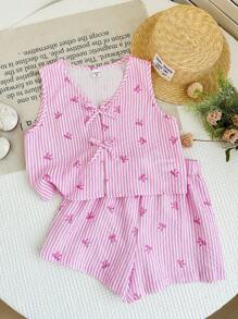 SHEIN LMoss Kids 2pcs Tween Girl Woven Striped Casual Top & Shorts Set - Blue and White - View 6