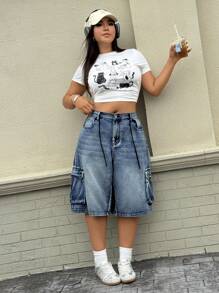 SHEIN ICON Y2K 街头服饰洗水工装宽松牛仔裤 - 深色水洗藍 - 查看 6