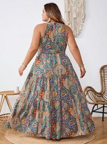 SHEIN CURVE+ 大码女式度假植物印花扭腰露背连衣裙女士沙滩装/沙滩裙/沙滩度假装/沙滩必备品/毕业/茶会礼服，夏季/乡村/海滩度假装/沙滩装/沙滩装 - 彩色 - 查看 2