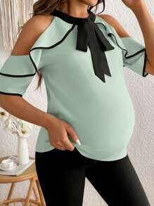 SHEIN Elegant Maternity Top With Tie Neck, Ruffled Hem, Color Block Design, Off Shoulder, For Summer - Mint Green - View 4