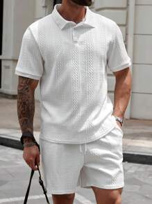 Manfinity Homme Conjunto de camisa polo casual e shorts masculino plus size de cor sólida - Branco - Ver 3