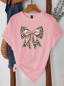 INAWLY 女式加大码豹纹蝴蝶结印花短袖休闲T恤，夏季 - 粉色 - 查看 3