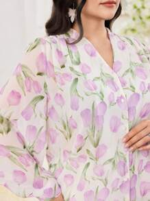 Modelyn Plus Size Women Floral Print Single-Breasted Lantern Sleeve Elegant Blouse