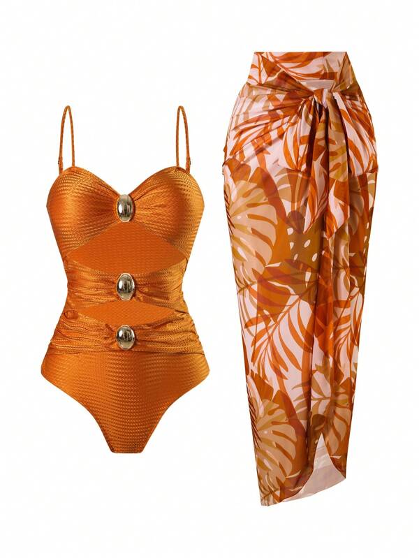 Swim Oasis 2pcs Women Summer Beach New High-End Solid Color Textured Spaghetti Strap Patchwork Hollow Metal Accessory One-Piece Swimsuit With Tropical Digital Print Mesh Skirt