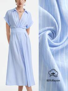 Aalyst 女士春夏通勤度假海滩商务休闲棉混纺衬衫领交叉 V 领下摆纽扣开衩袖口落肩袖连衣裙