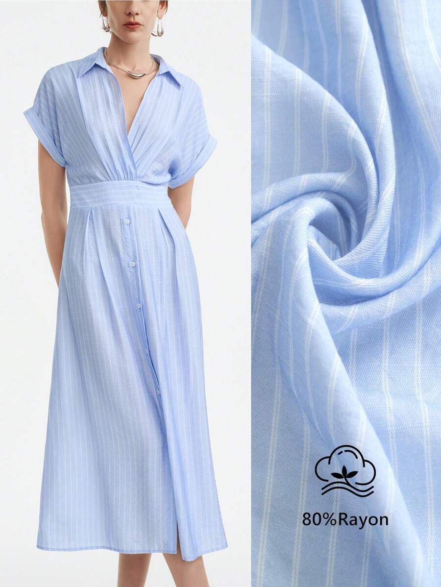 Aalyst 女士春夏通勤度假海滩商务休闲棉混纺衬衫领交叉 V 领下摆纽扣开衩袖口落肩袖连衣裙