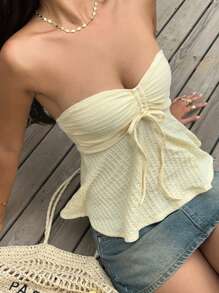 SHEIN EZwear Yellow Knitted Bandeau Top For Women, Minimalist & Fashionable, Suitable For Summer