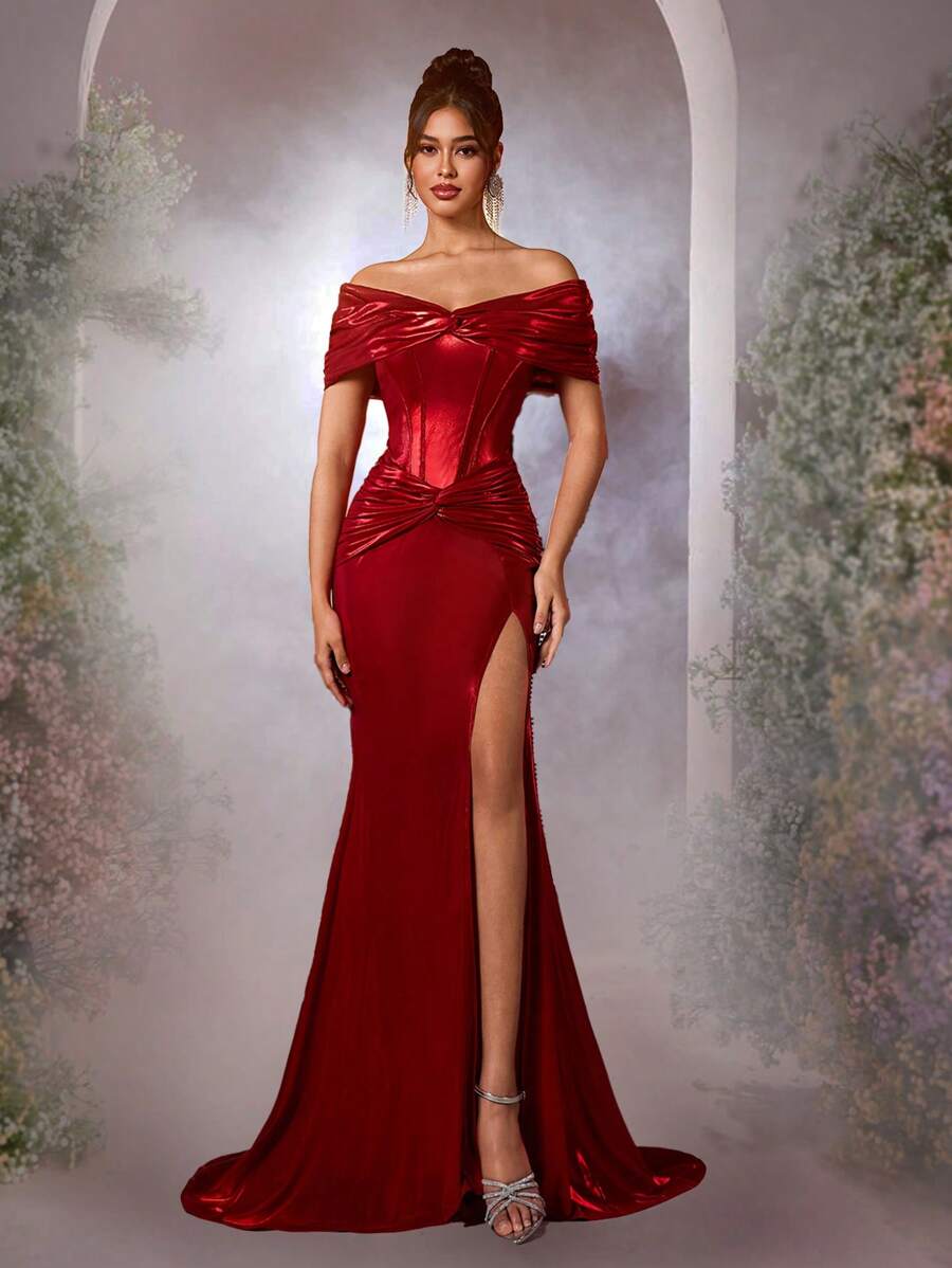 Glamrae 优雅的红色亮面露肩紧身美人鱼礼服，腰部扭纹细节，侧高开衩，后背可调节系带，适合约会、度假、单身派对、相亲活动、正式晚宴、派对礼服、晚会、婚礼宾客
