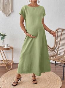 SHEIN Solid Color Knitted Loose Maternity Dress - Green - View 5