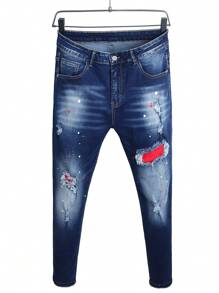 Manfinity LEGND Men's Distressed Printed Denim Jeans Men S Ripped Jeans - Dark Wash - View 1