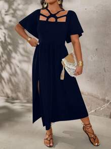 SHEIN Holidaya Women's Plus Size Elegant Solid Color Hollow Hem Slit Dress - Navy Blue - View 3
